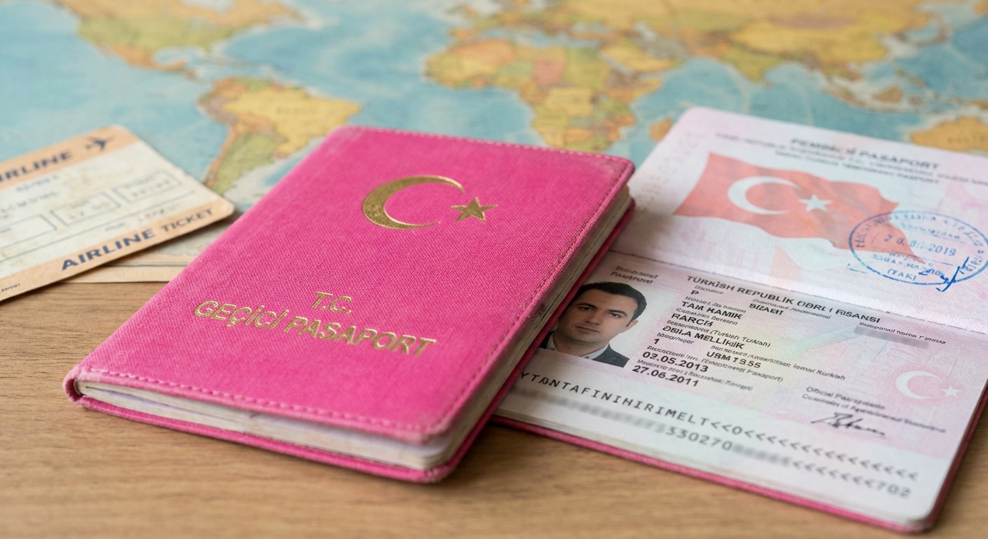 Türk konsoloslukları tarafından acil durumlarda düzenlenen Geçici Pasaport (Pembe Pasaport) örneği. Bu belge sadece Türkiye’ye dönüş için geçerlidir ve süresi genellikle 1 aydır.