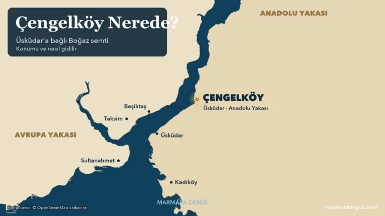 Çengelköy nerede: İstanbul haritasında Üsküdar'a bağlı Çengelköy'ün Boğaz'ın Anadolu Yakası'ndaki konumu; Taksim, Beşiktaş, Üsküdar ve Kadıköy