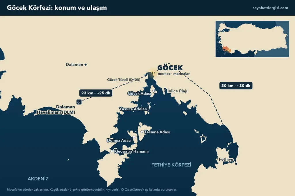Göcek Körfezi haritası: Göcek merkez, Dalaman Havalimanı yolu, Fethiye, İnlice Plajı, Göcek Adası, Yassıca Adaları, Tersane ve Domuz adaları