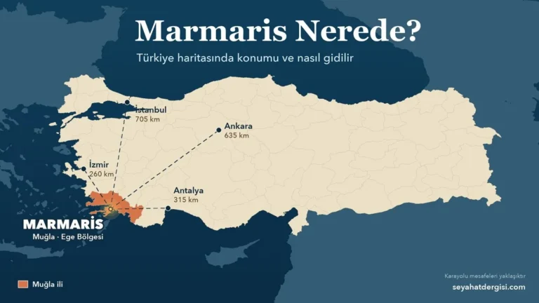 Türkiye haritasında Marmaris'in yeri: Muğla ili, Ege Bölgesi; İstanbul, Ankara, İzmir ve Antalya'ya uzaklıklar