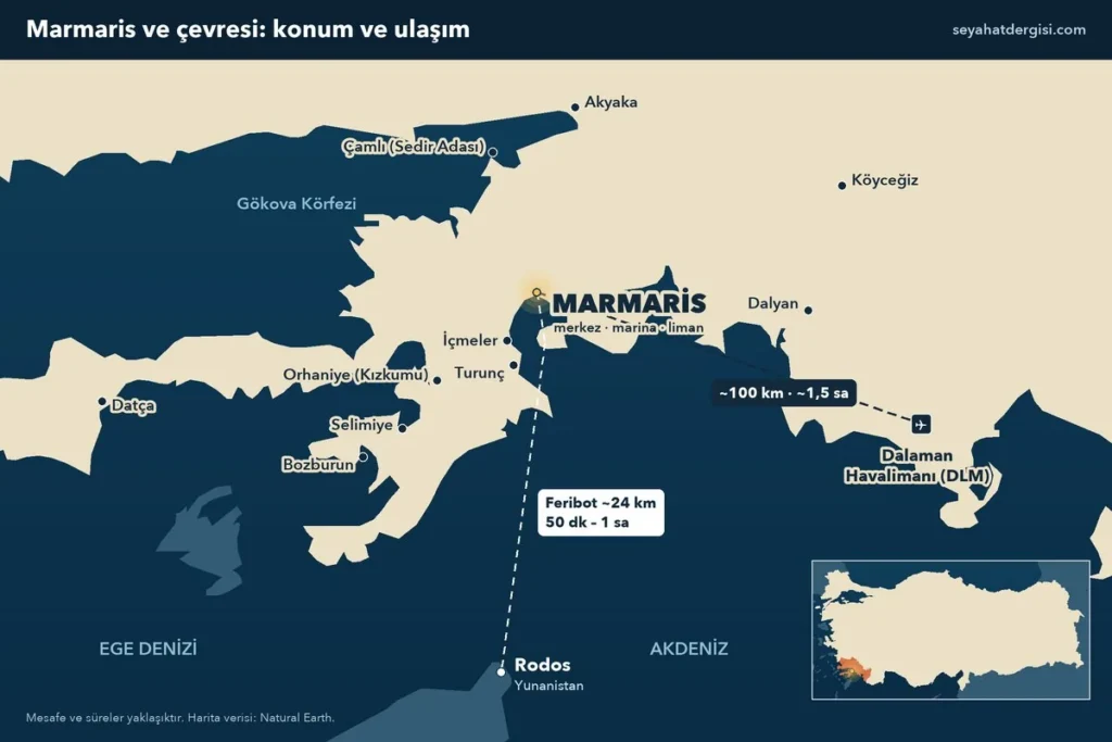Marmaris ve çevresi haritası: Marmaris merkez, İçmeler, Turunç, Orhaniye, Selimiye, Bozburun, Datça, Akyaka, Dalaman Havalimanı ve Rodos feribot hattı
